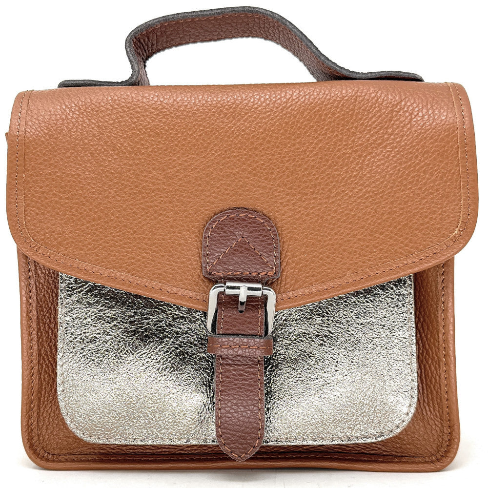 Sac cartable à bandoulière en cuir grainé et cuir irisé CORTE Camel foncé