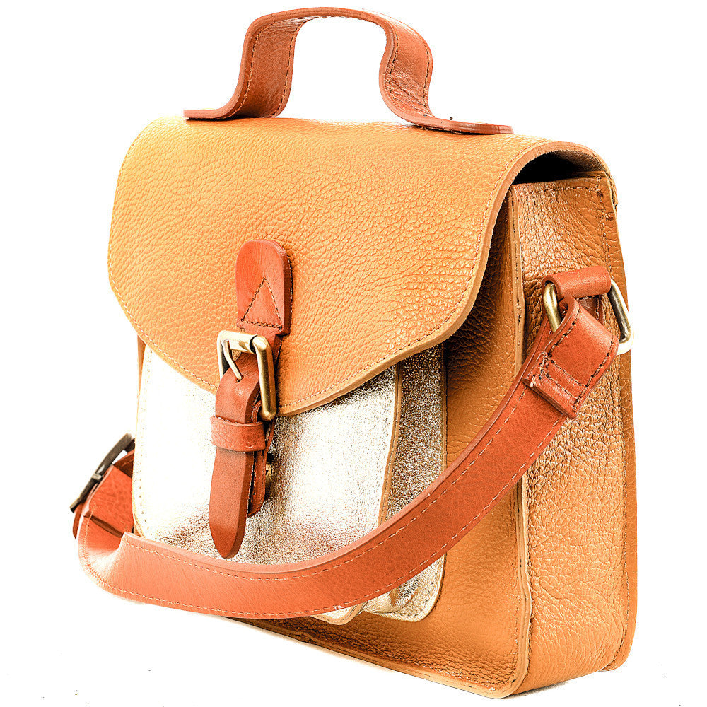 Sac cartable à bandoulière en cuir grainé et cuir irisé CORTE Camel