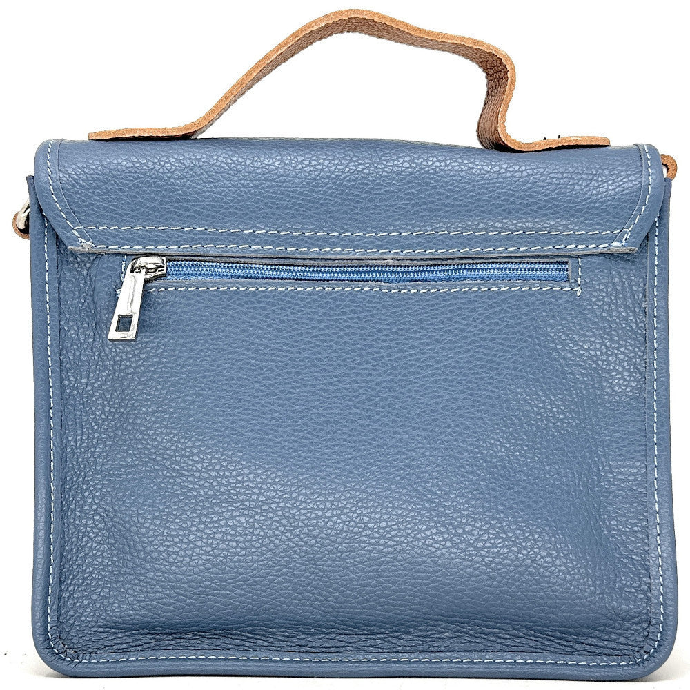 Sac cartable à bandoulière en cuir grainé et cuir irisé CORTE Bleu glacier