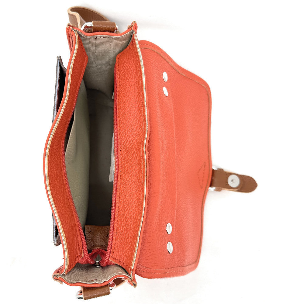 Sac cartable à bandoulière en cuir grainé et cuir irisé CORTE Mandarine
