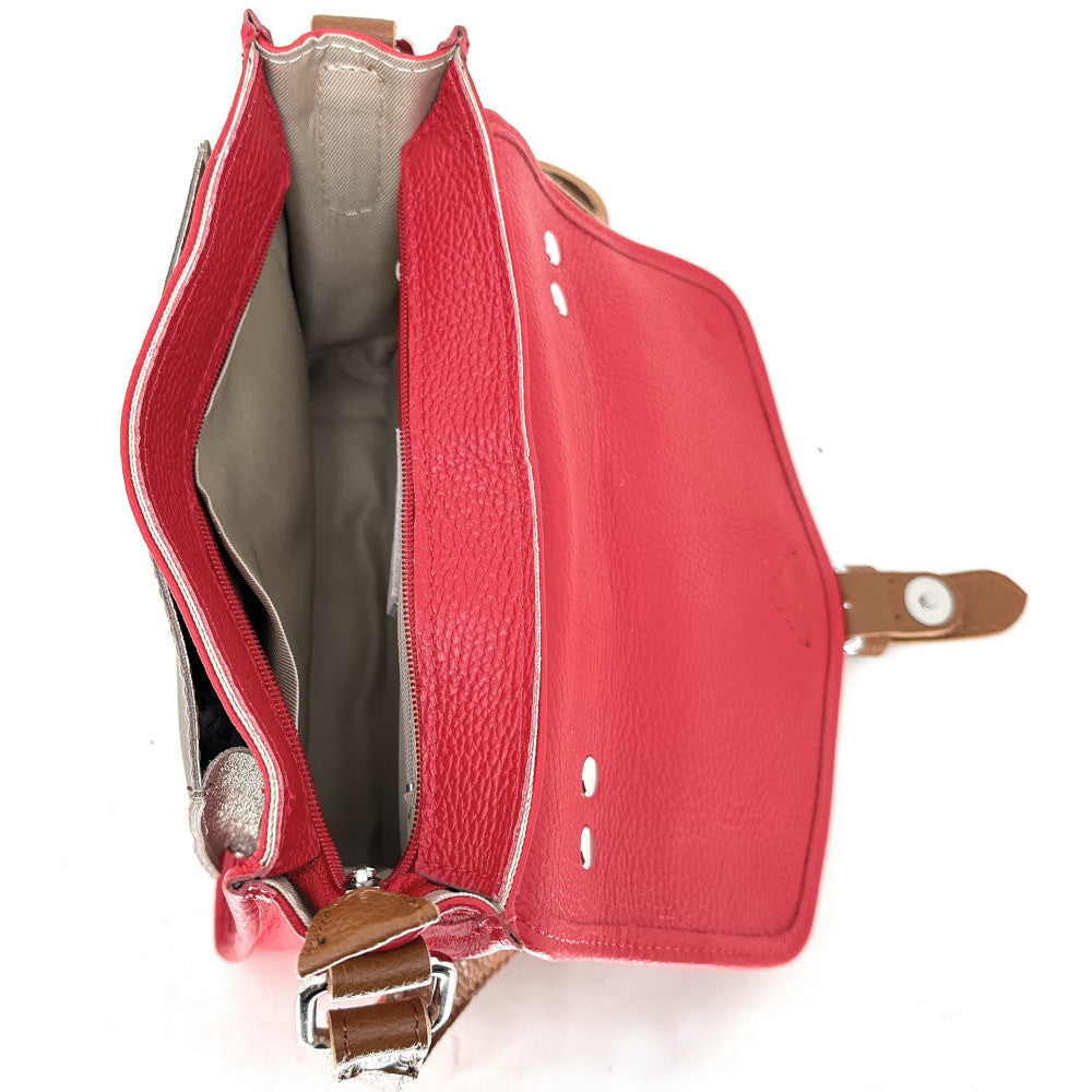 Sac cartable à bandoulière en cuir grainé et cuir irisé CORTE Rouge garance