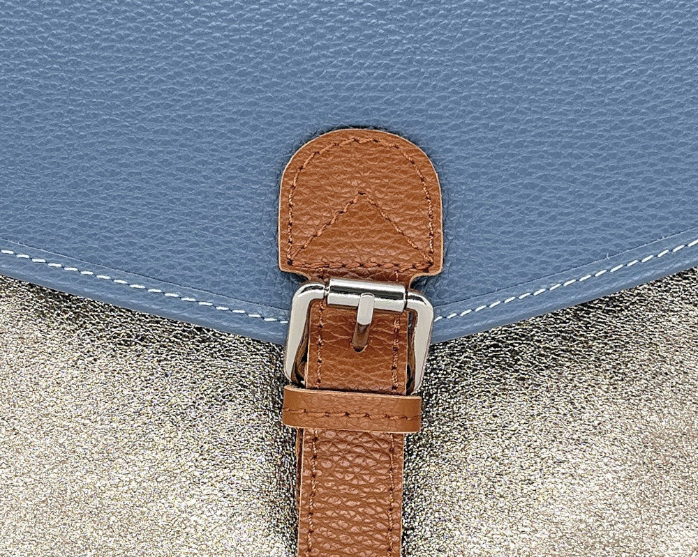 Sac cartable à bandoulière en cuir grainé et cuir irisé CORTE Bleu glacier