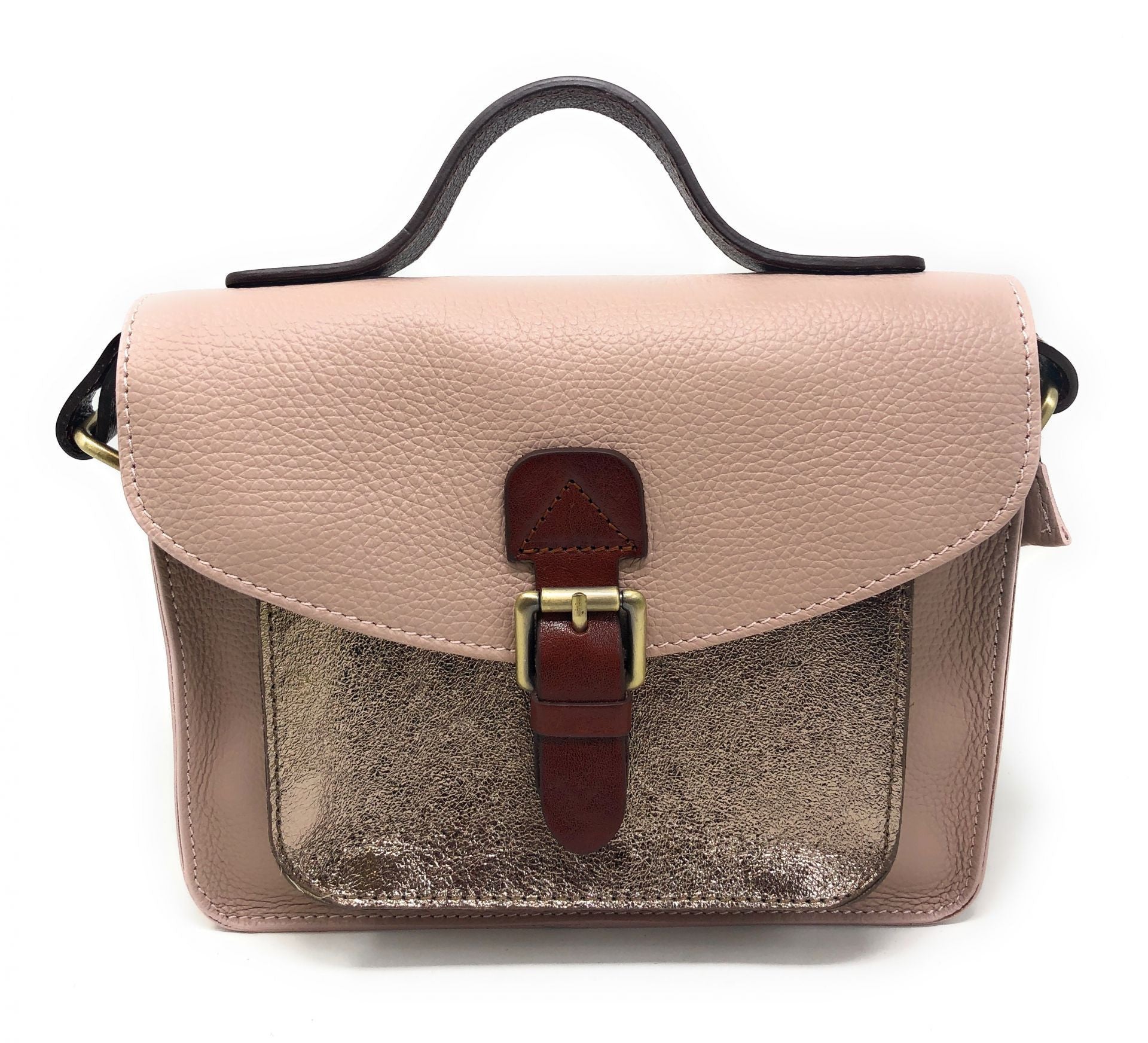 Sac cartable à bandoulière en cuir grainé et cuir irisé CORTE Rose nude