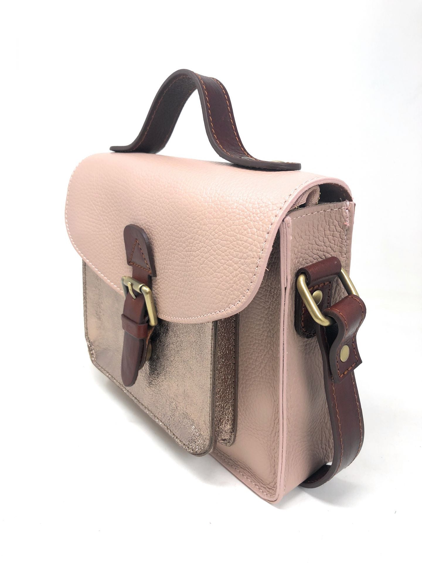 Sac cartable à bandoulière en cuir grainé et cuir irisé CORTE Rose nude