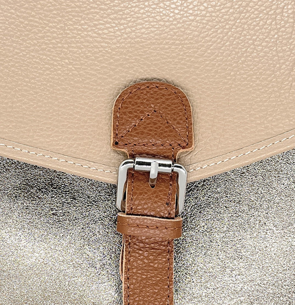 Sac cartable à bandoulière en cuir grainé et cuir irisé CORTE Taupe clair