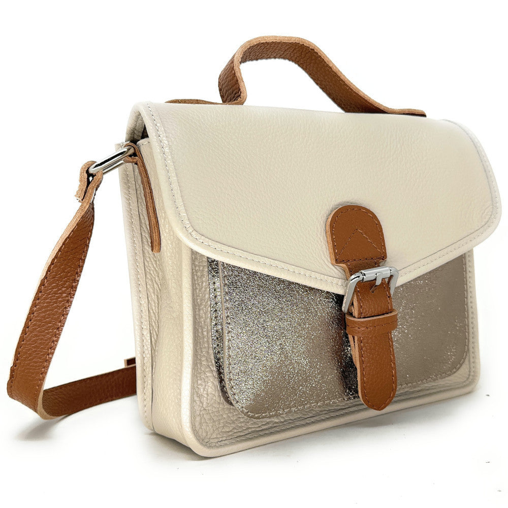 Sac cartable à bandoulière en cuir grainé et cuir irisé CORTE Beige crème
