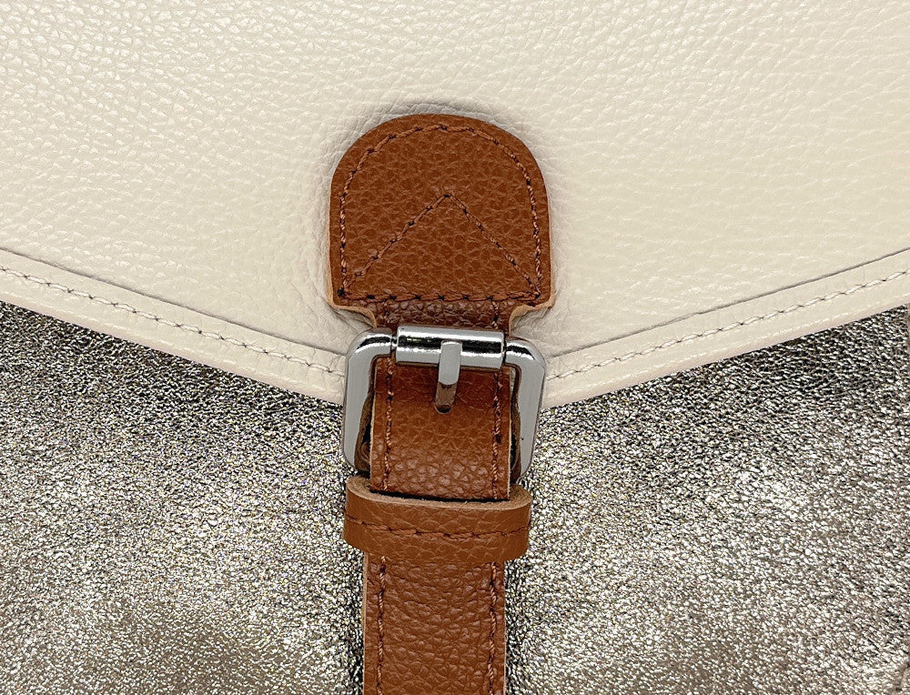 Sac cartable à bandoulière en cuir grainé et cuir irisé CORTE Beige crème