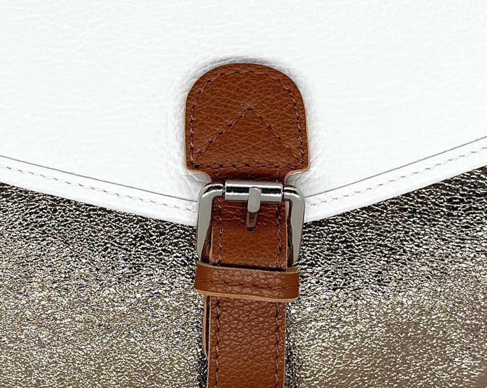Sac cartable à bandoulière en cuir grainé et cuir irisé CORTE Blanc