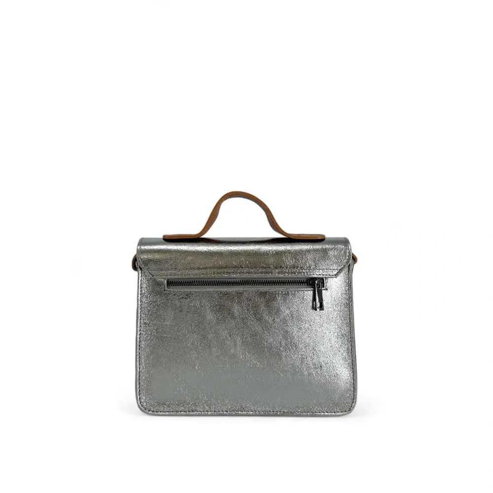 Sac cartable à bandoulière en cuir grainé et cuir irisé CORTE Argent moyen