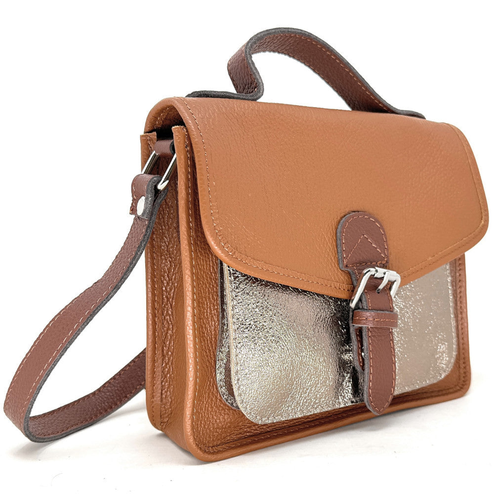 Sac cartable à bandoulière en cuir grainé et cuir irisé CORTE Camel foncé