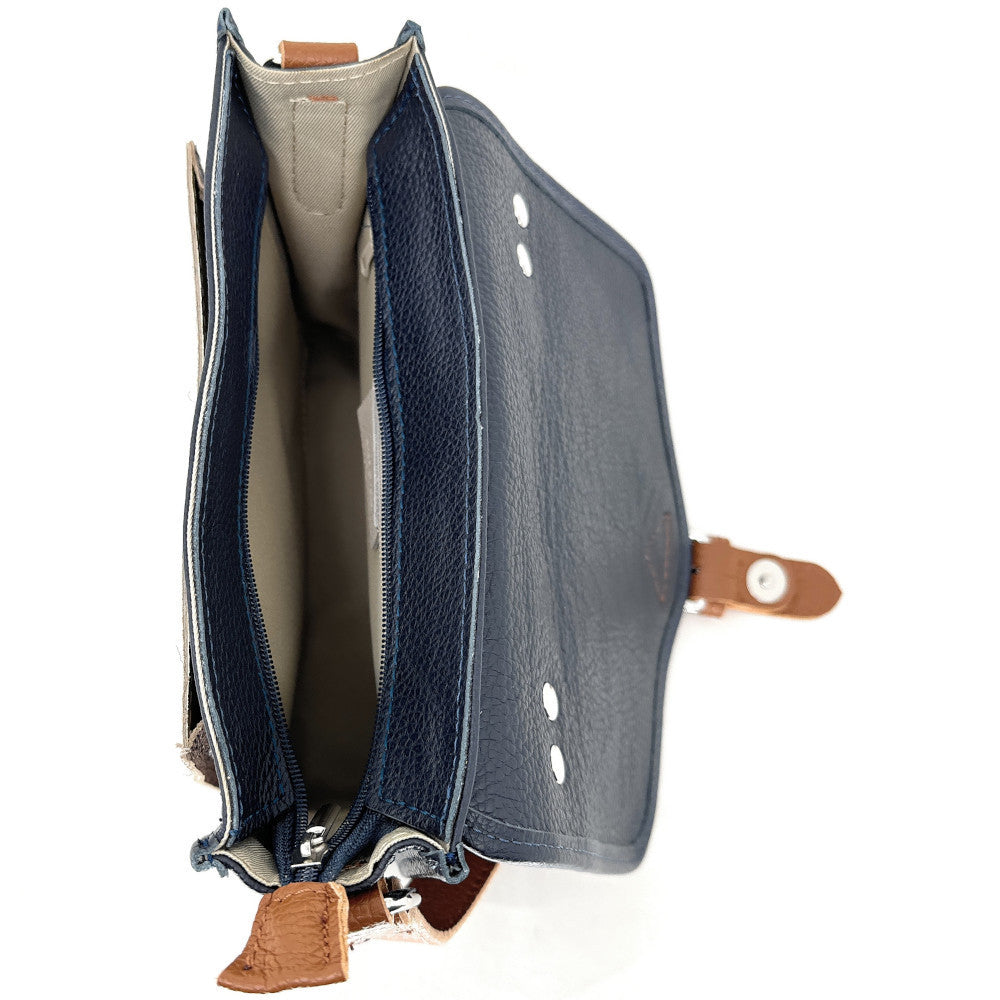 Sac cartable à bandoulière en cuir grainé et cuir irisé CORTE Bleu marine