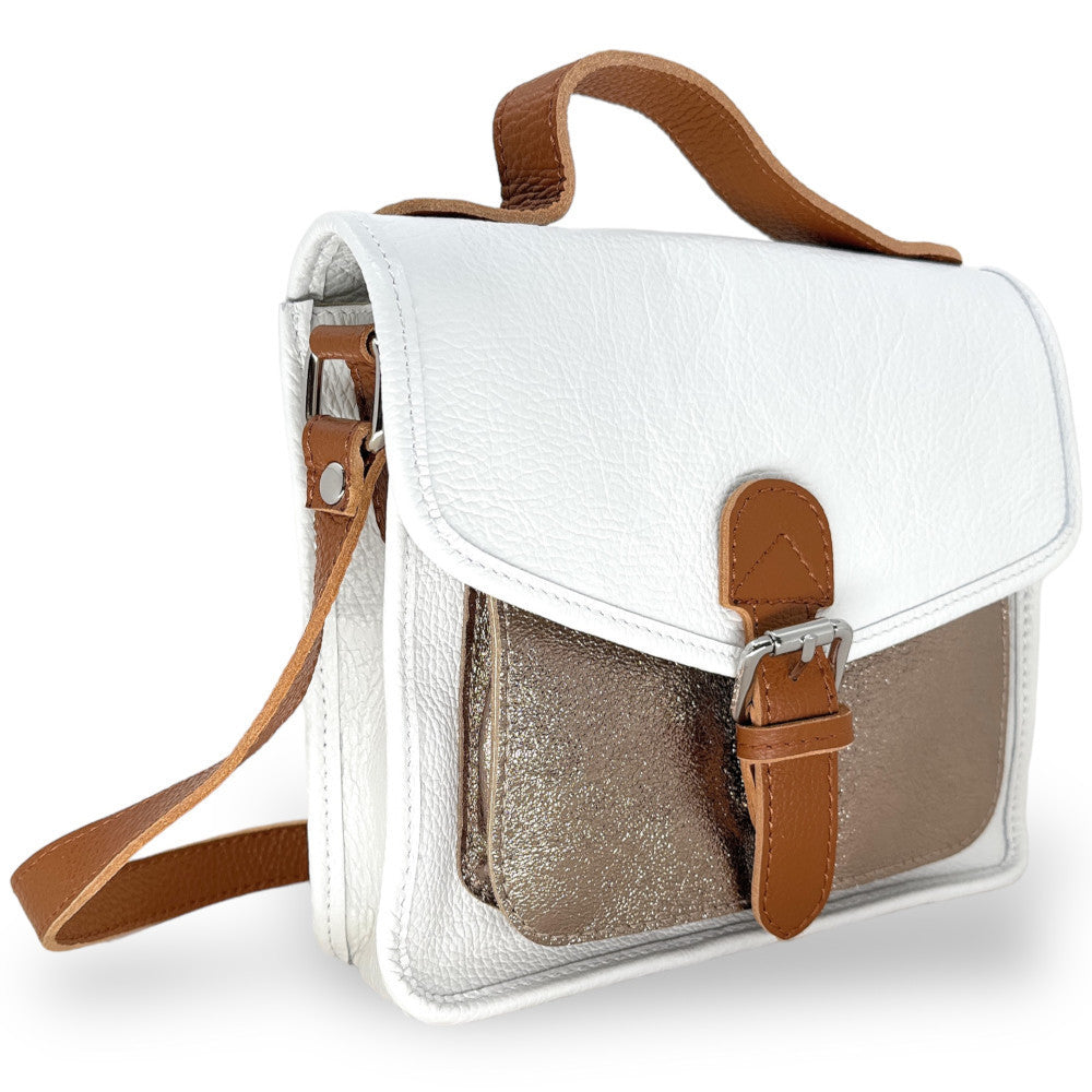 Sac cartable à bandoulière en cuir grainé et cuir irisé CORTE Blanc
