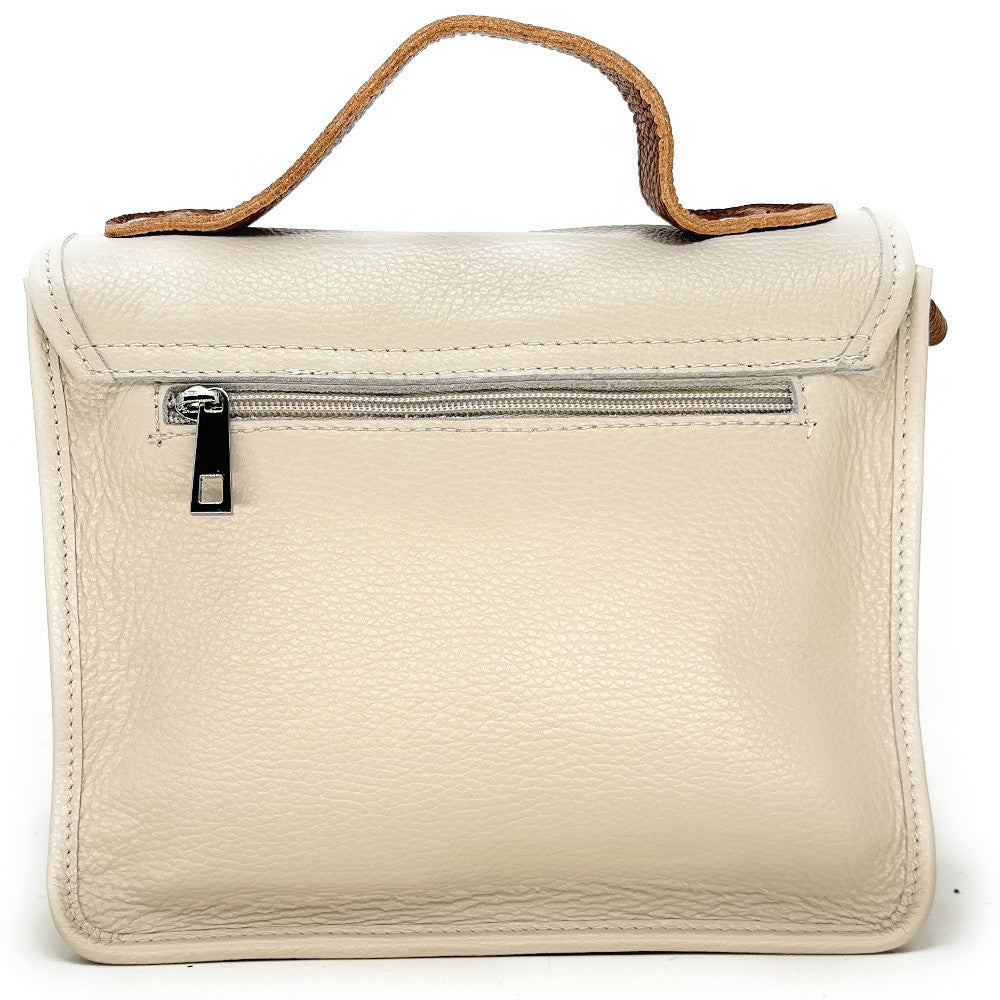 Sac cartable à bandoulière en cuir grainé et cuir irisé CORTE Beige crème