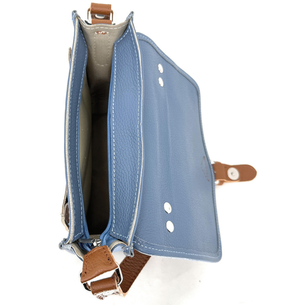 Sac cartable à bandoulière en cuir grainé et cuir irisé CORTE Bleu glacier