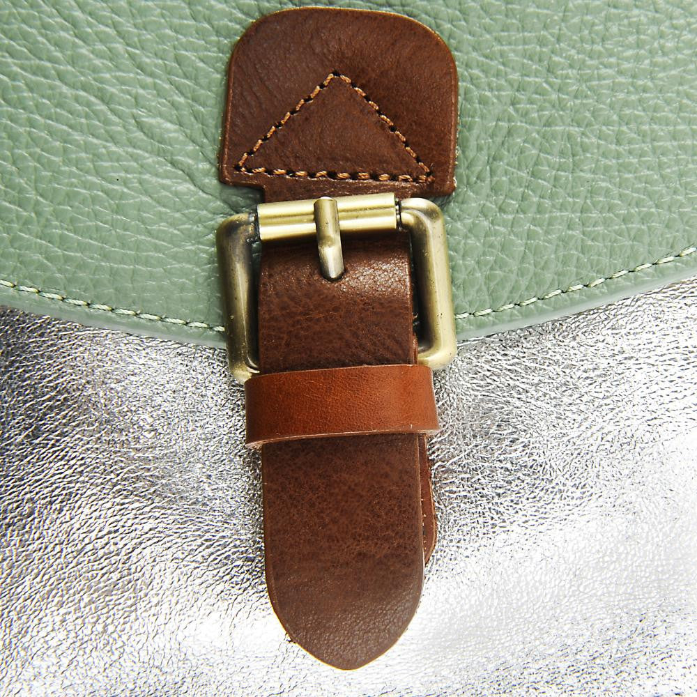 Sac cartable à bandoulière en cuir grainé et cuir irisé CORTE Vert pastel