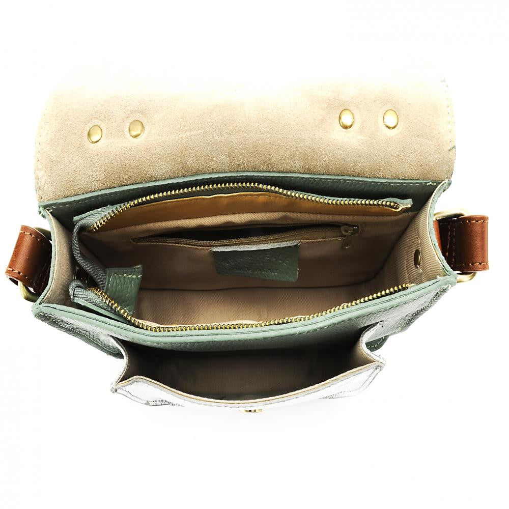 Sac cartable à bandoulière en cuir grainé et cuir irisé CORTE Vert pastel
