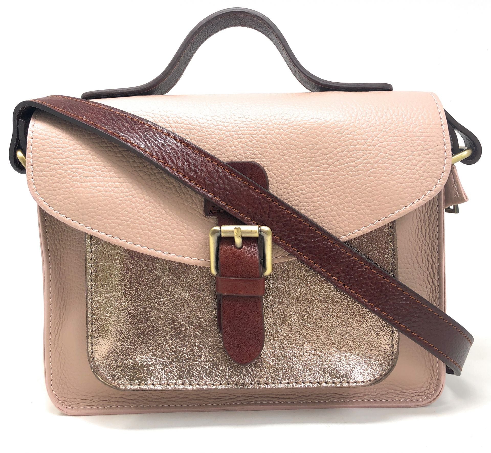Sac cartable à bandoulière en cuir grainé et cuir irisé CORTE Rose nude