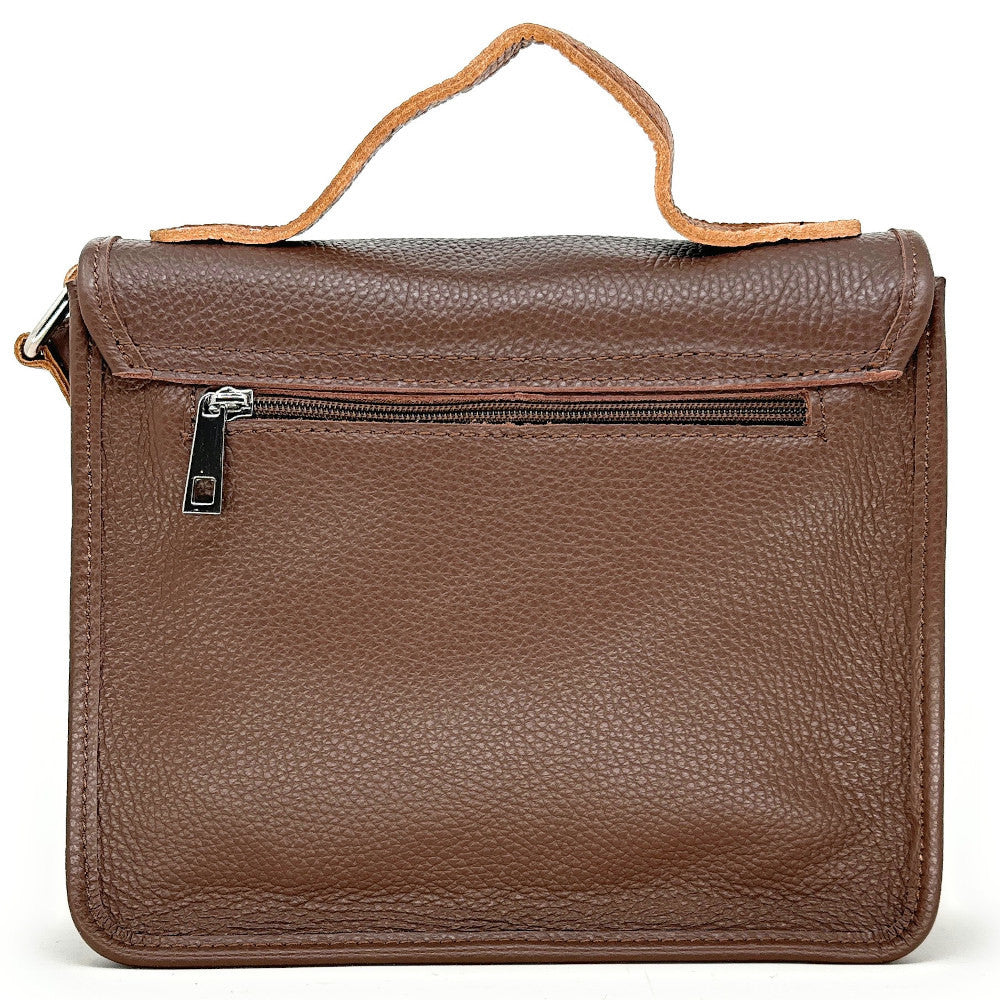 Sac cartable à bandoulière en cuir grainé et cuir irisé CORTE Taupe foncé