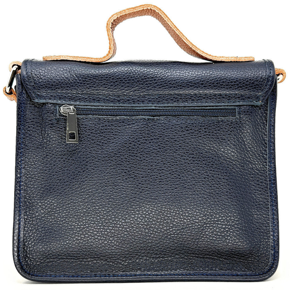 Sac cartable à bandoulière en cuir grainé et cuir irisé CORTE Bleu marine