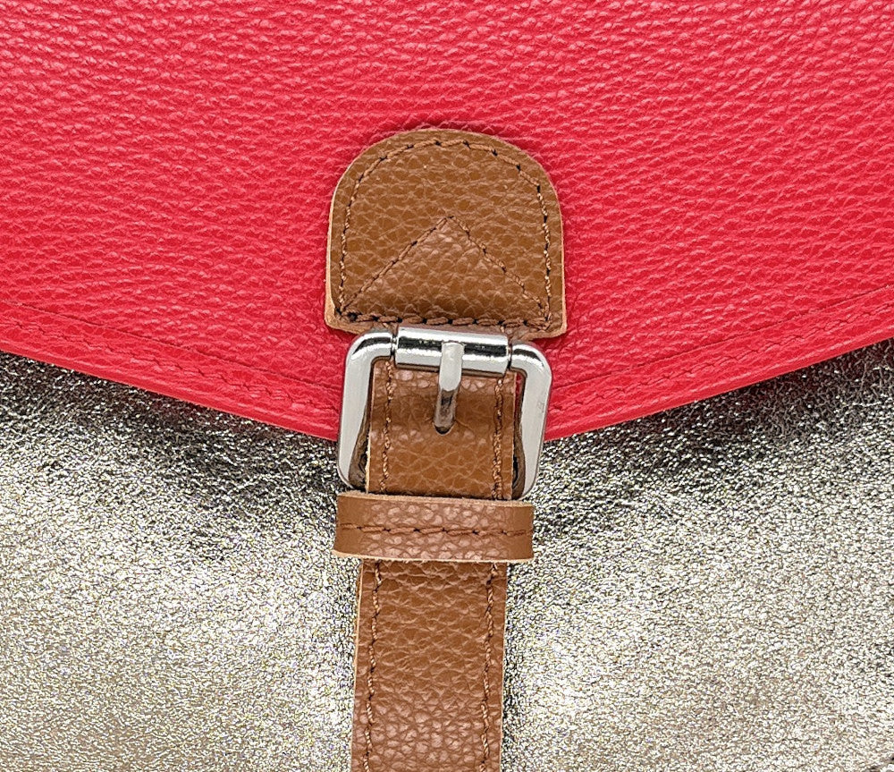 Sac cartable à bandoulière en cuir grainé et cuir irisé CORTE Rouge garance
