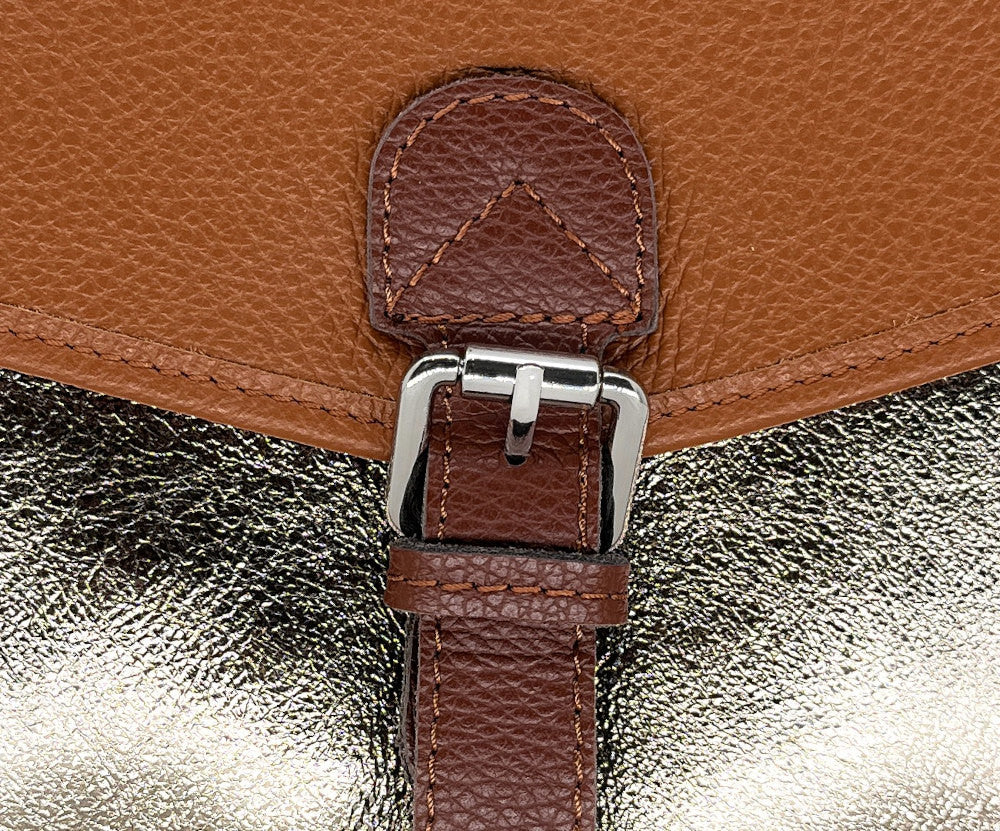 Sac cartable à bandoulière en cuir grainé et cuir irisé CORTE Camel foncé