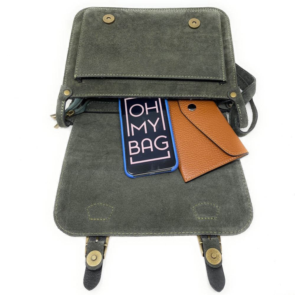 Sac cartable en croûte de cuir KENT Kaki
