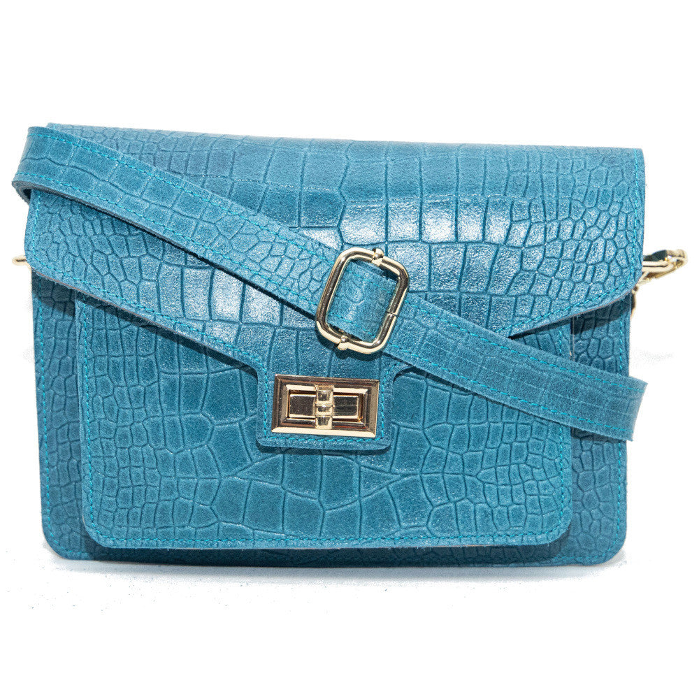 Sac bandoulière en cuir façon croco MONROE Bleu paon