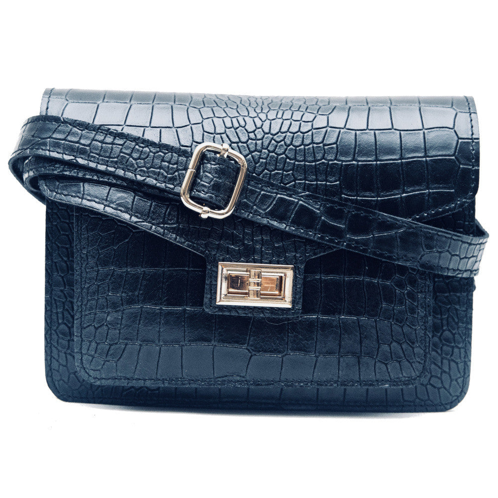 Sac bandoulière en cuir façon croco MONROE Bleu marine