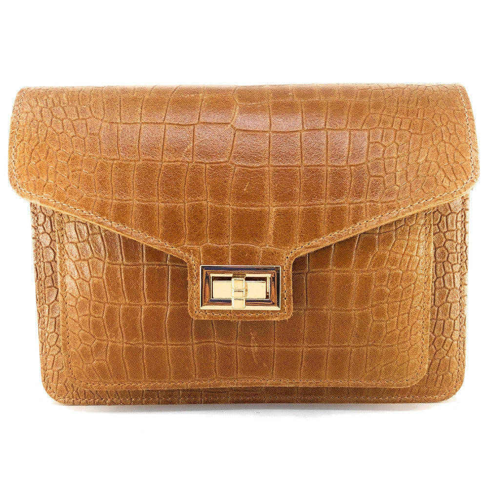 Sac bandoulière en cuir façon croco MONROE Camel foncé