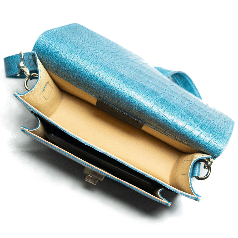 Sac bandoulière en cuir façon croco MONROE Bleu paon