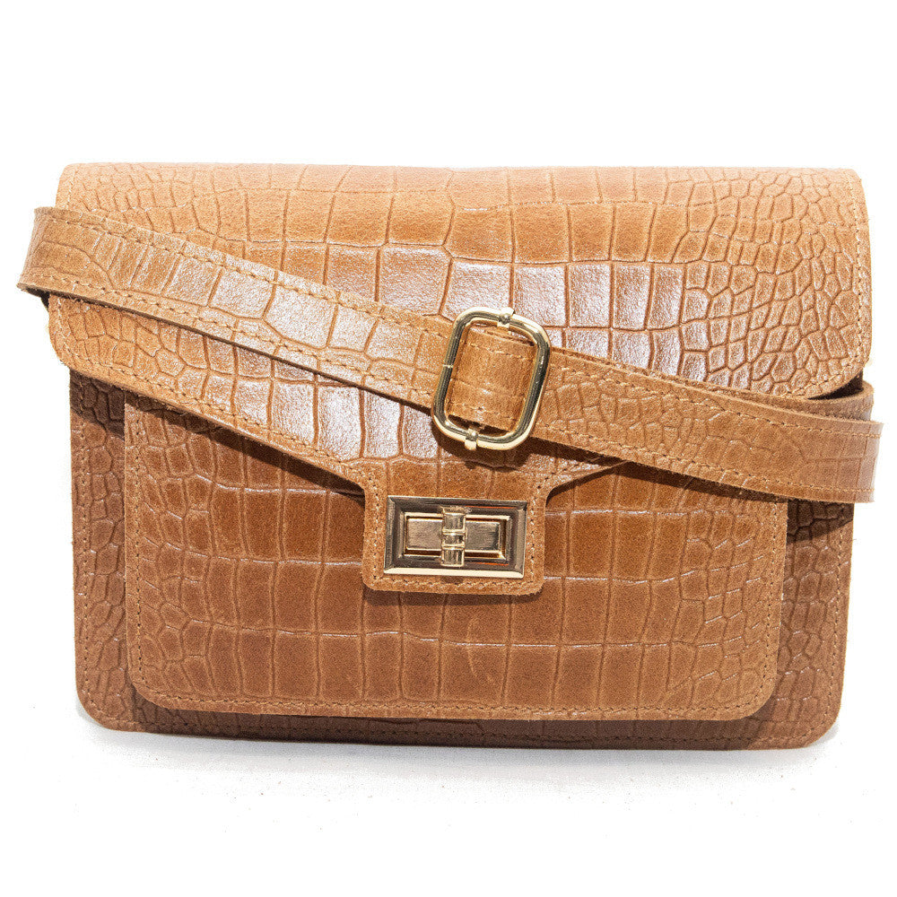Sac bandoulière en cuir façon croco MONROE Camel foncé