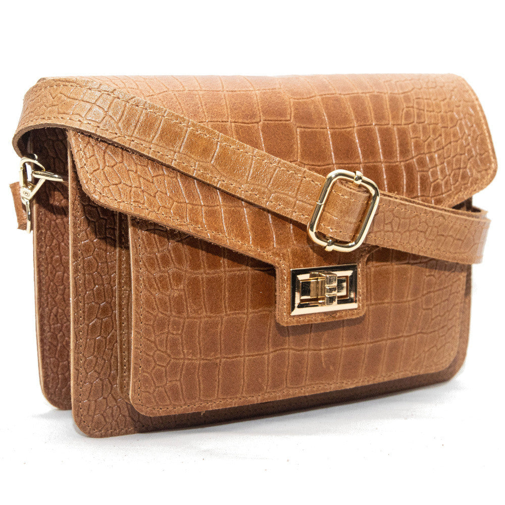 Sac bandoulière en cuir façon croco MONROE Camel foncé
