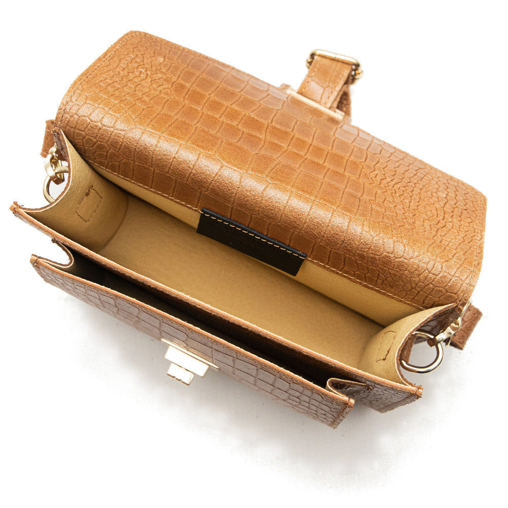 Sac bandoulière en cuir façon croco MONROE Camel foncé