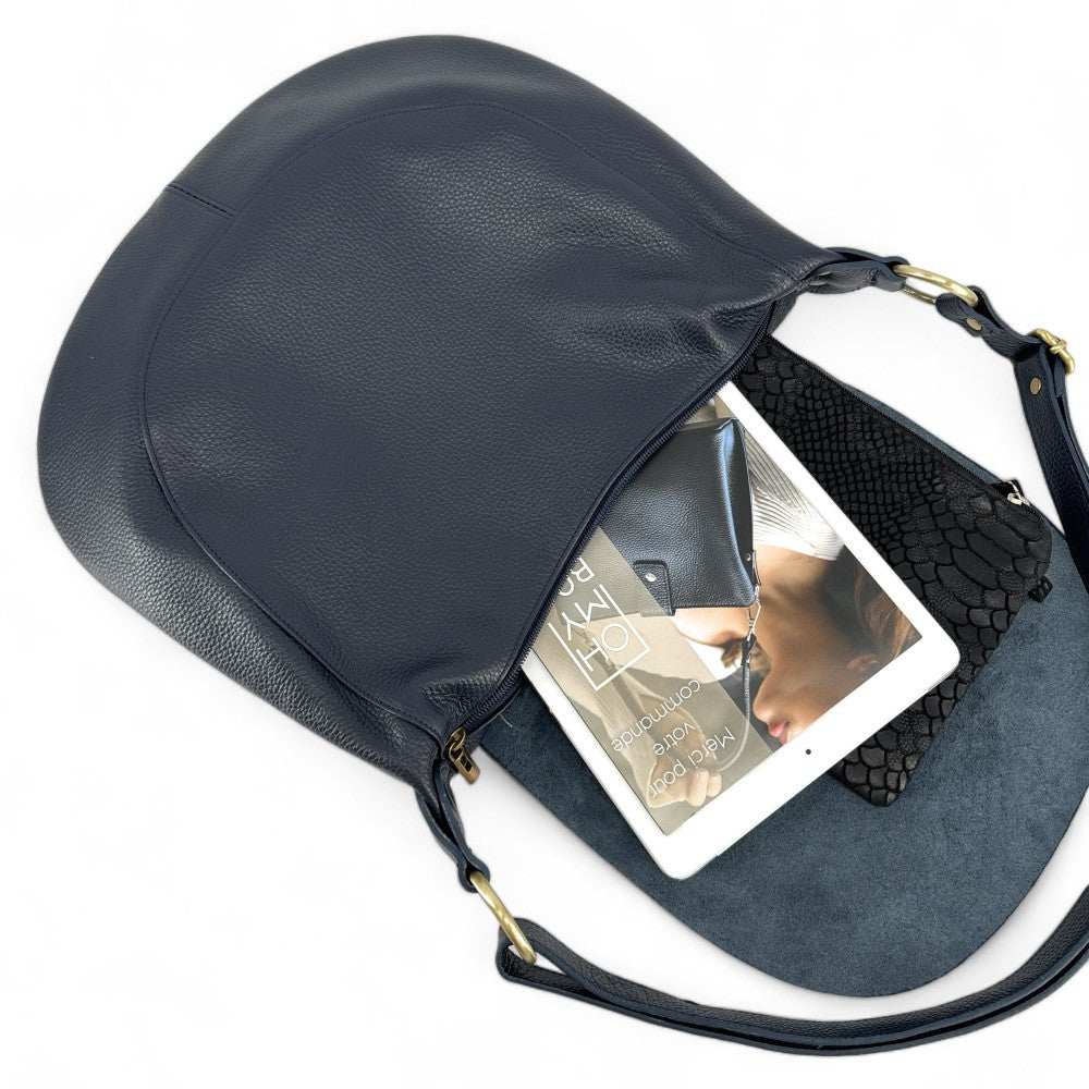 Sac besace à bandoulière en cuir grainé BIG CITIZEN Bleu marine