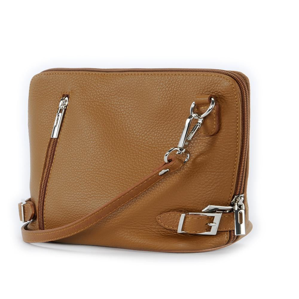 Mini sac à bandoulière en cuir grainé italien MIA Camel foncé
