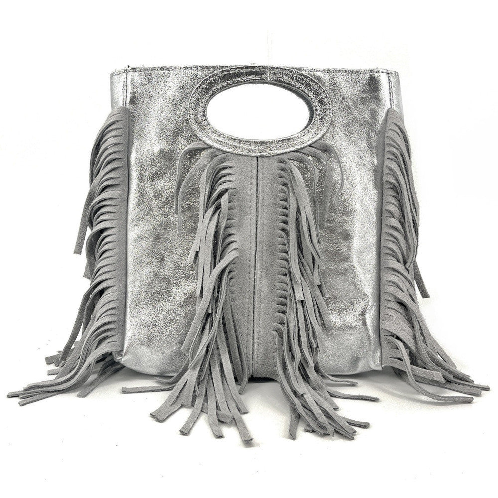 Sac à main bandoulière à franges en cuir irisé et croûte de cuir ENOLA Argent clair