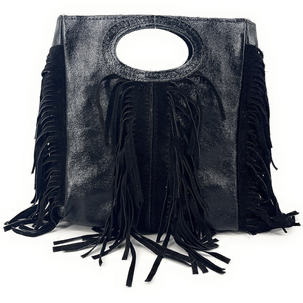 Sac à main bandoulière à franges en cuir irisé et croûte de cuir ENOLA Noir irisé
