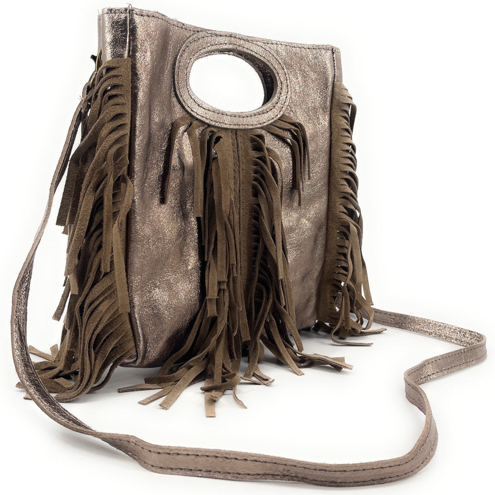 Sac à main bandoulière à franges en cuir irisé et croûte de cuir ENOLA Champagne irisé