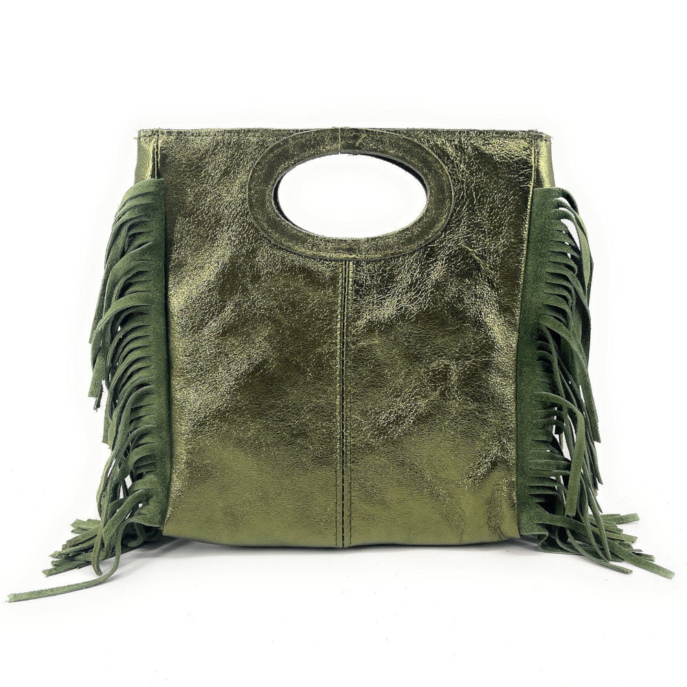 Sac à main bandoulière à franges en cuir irisé et croûte de cuir ENOLA Kaki irisé