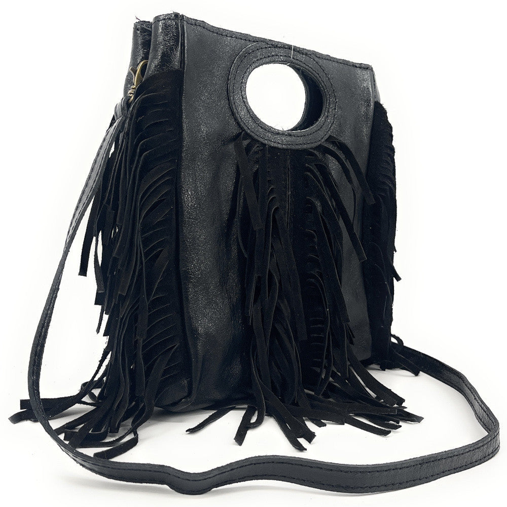 Sac à main bandoulière à franges en cuir irisé et croûte de cuir ENOLA Noir irisé