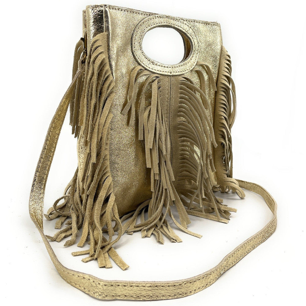 Sac à main bandoulière à franges en cuir irisé et croûte de cuir ENOLA Or pâle