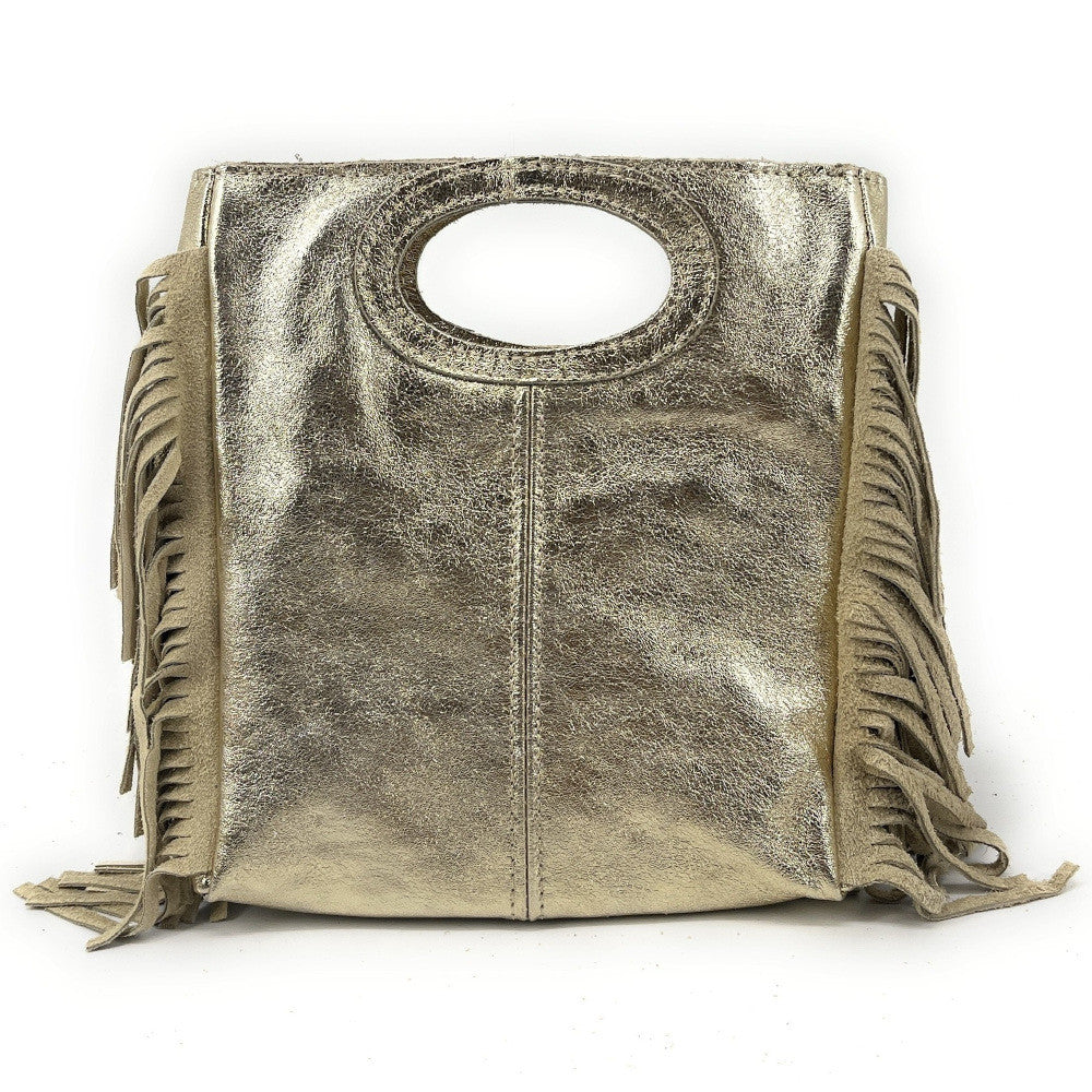 Sac à main bandoulière à franges en cuir irisé et croûte de cuir ENOLA Or pâle