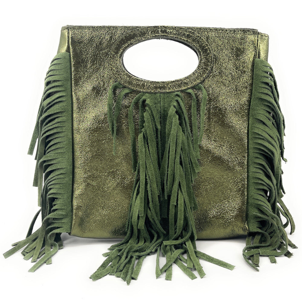 Sac à main bandoulière à franges en cuir irisé et croûte de cuir ENOLA Kaki irisé