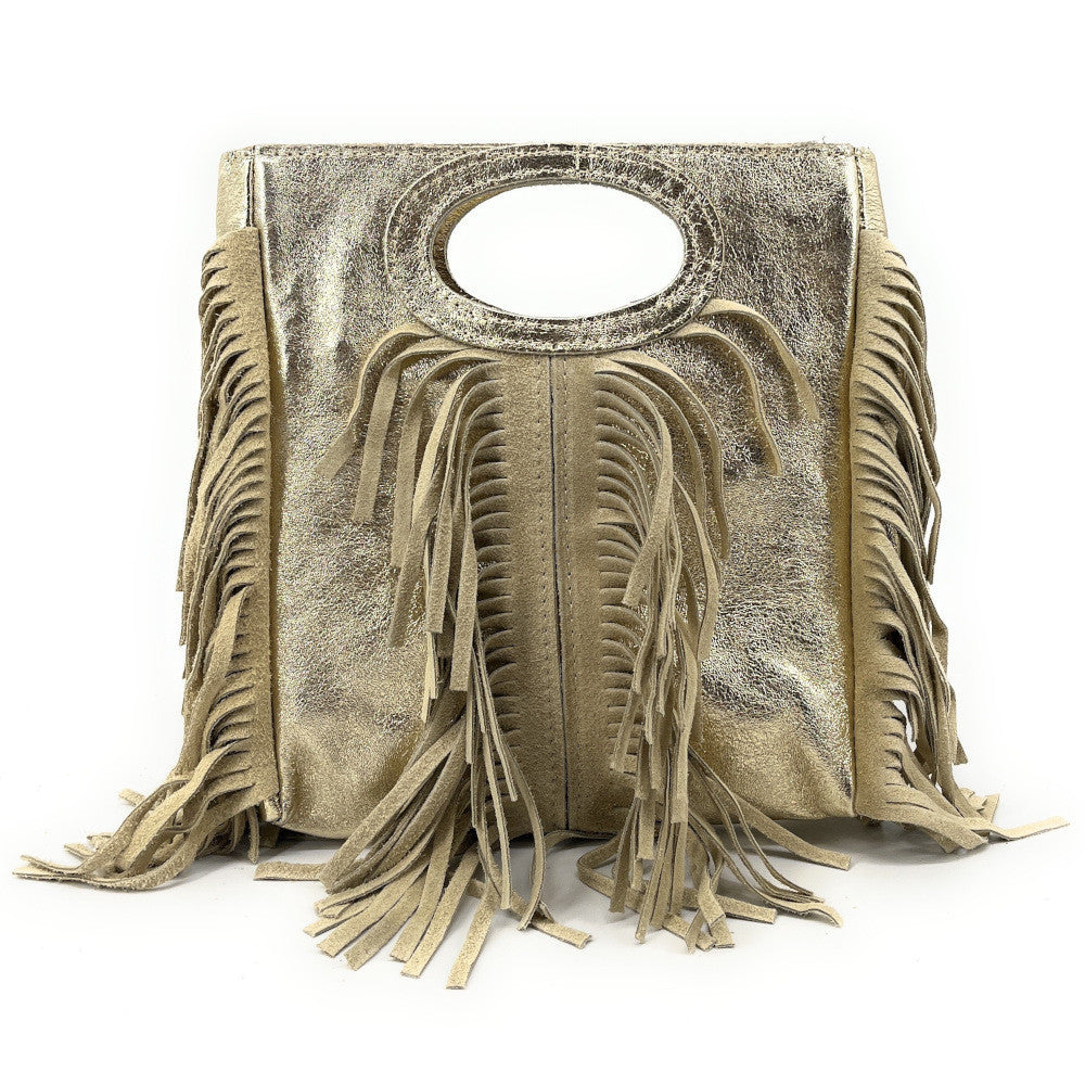 Sac à main bandoulière à franges en cuir irisé et croûte de cuir ENOLA Or pâle