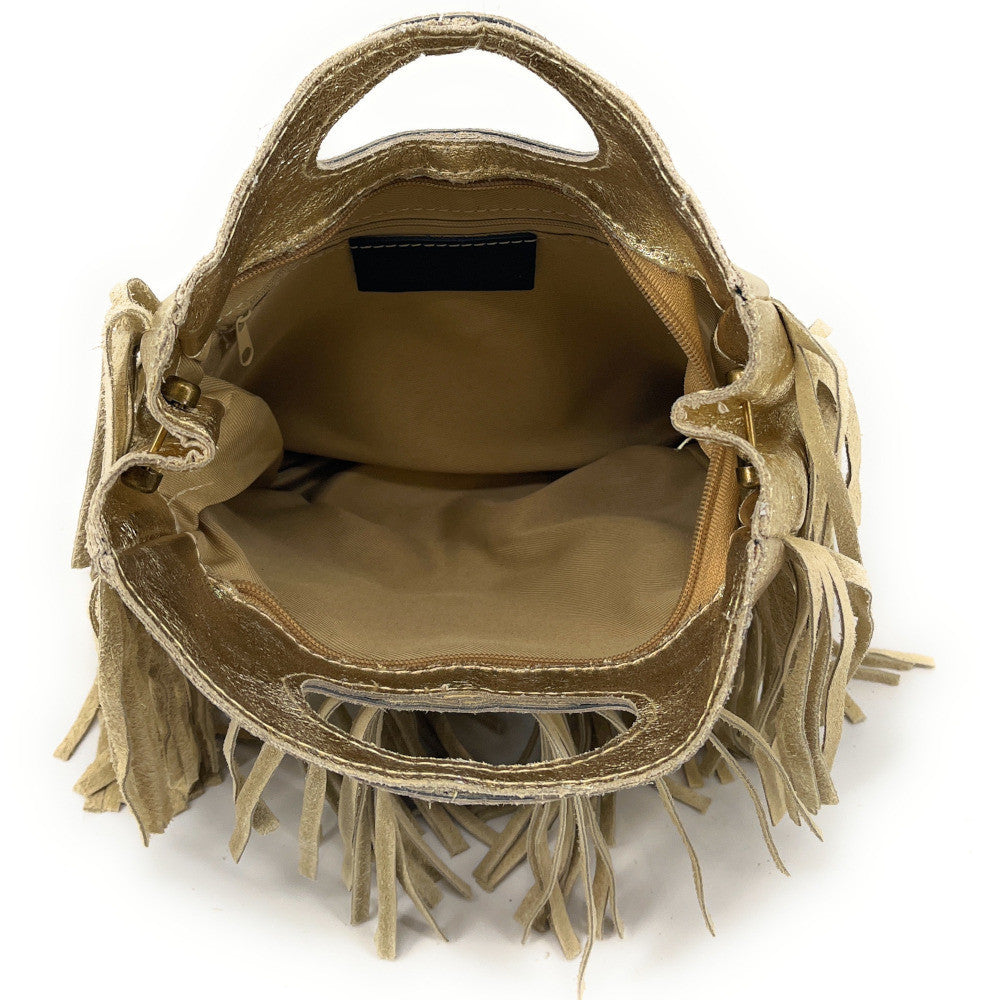 Sac à main bandoulière à franges en cuir irisé et croûte de cuir ENOLA Or pâle