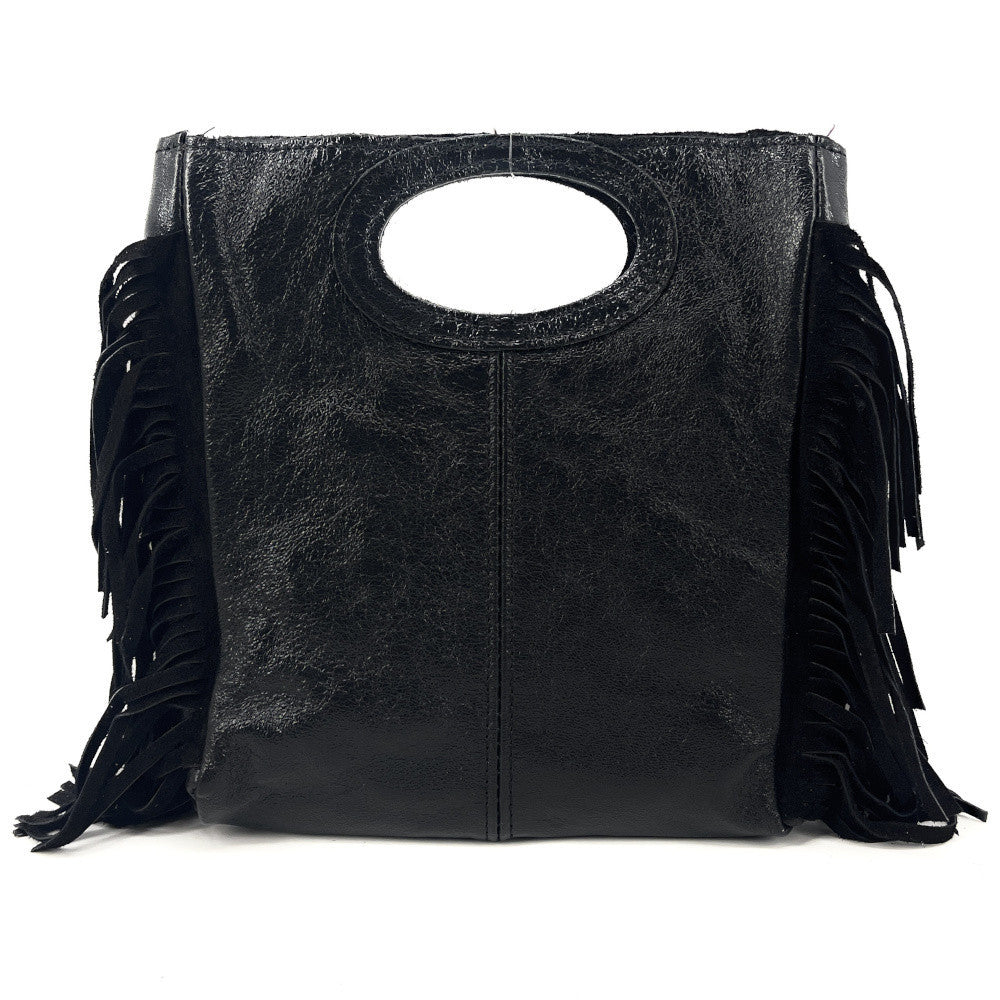 Sac à main bandoulière à franges en cuir irisé et croûte de cuir ENOLA Noir irisé