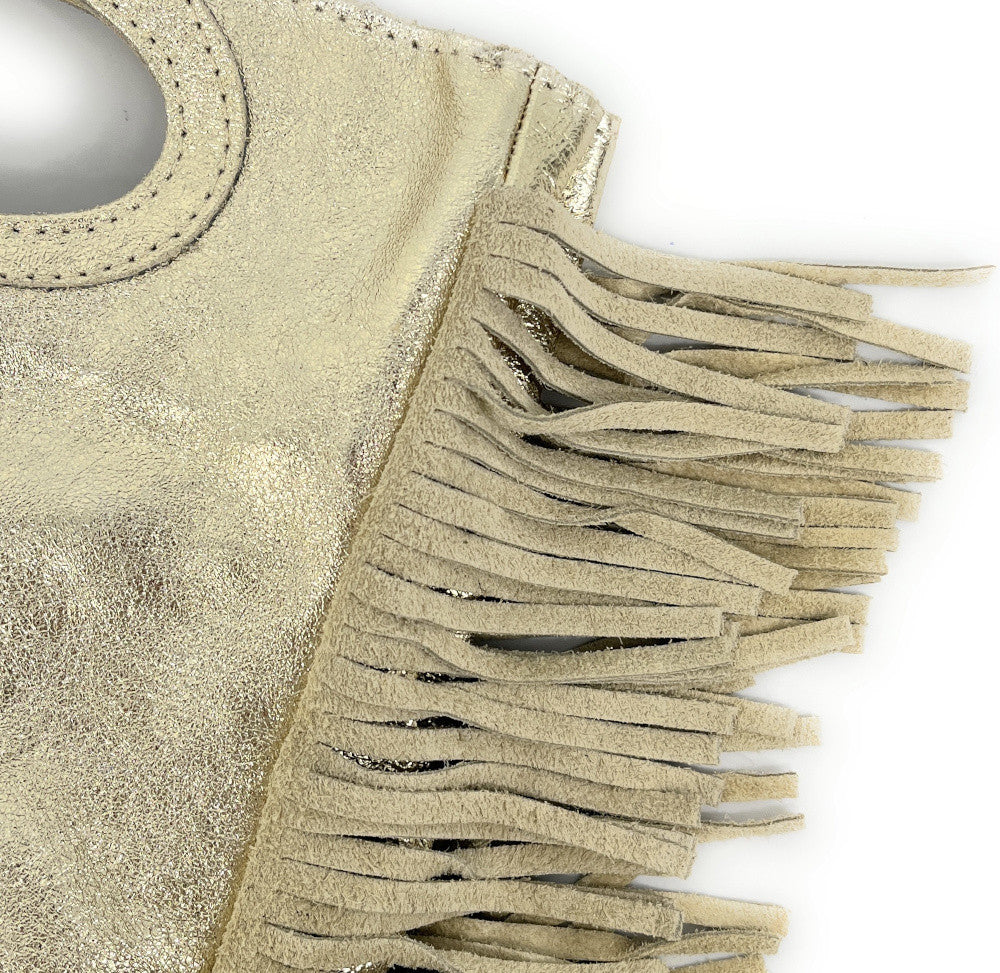 Sac à main bandoulière à franges en cuir irisé et croûte de cuir ENOLA Or pâle