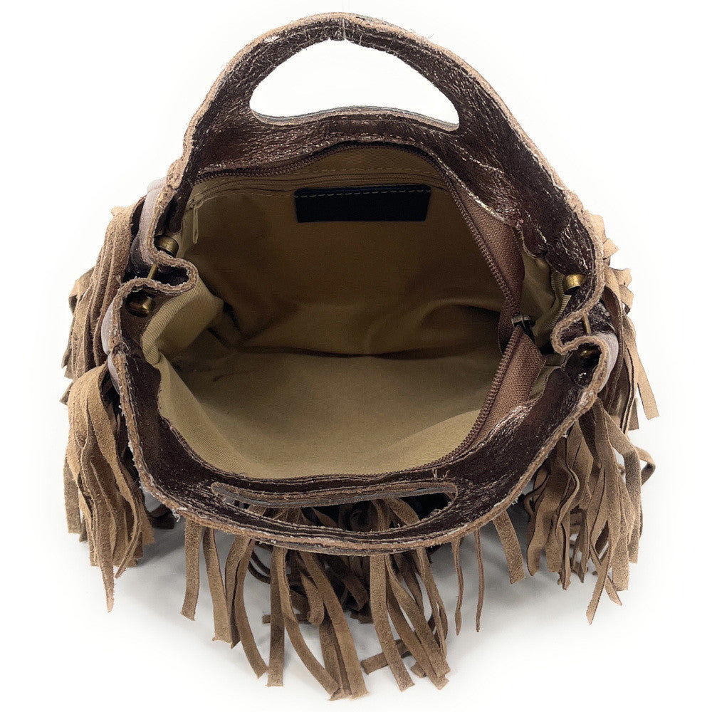 Sac à main bandoulière à franges en cuir irisé et croûte de cuir ENOLA Champagne irisé