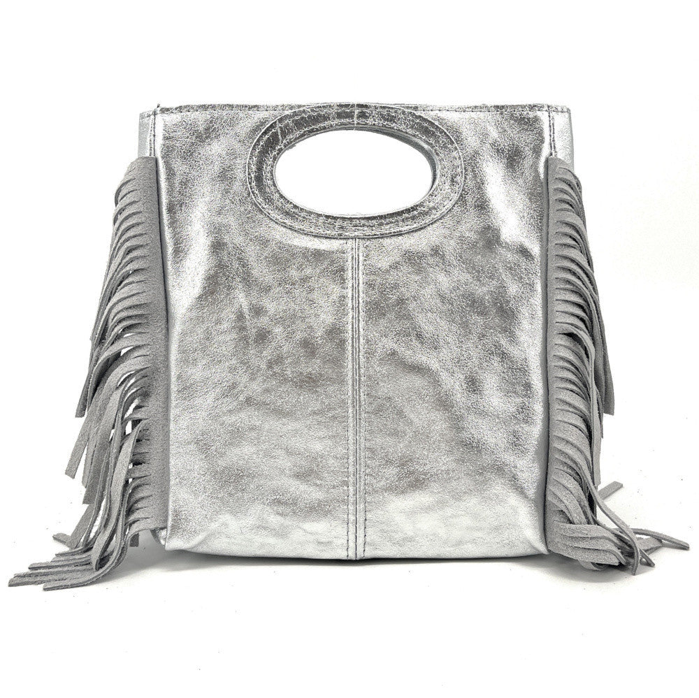 Sac à main bandoulière à franges en cuir irisé et croûte de cuir ENOLA Argent clair