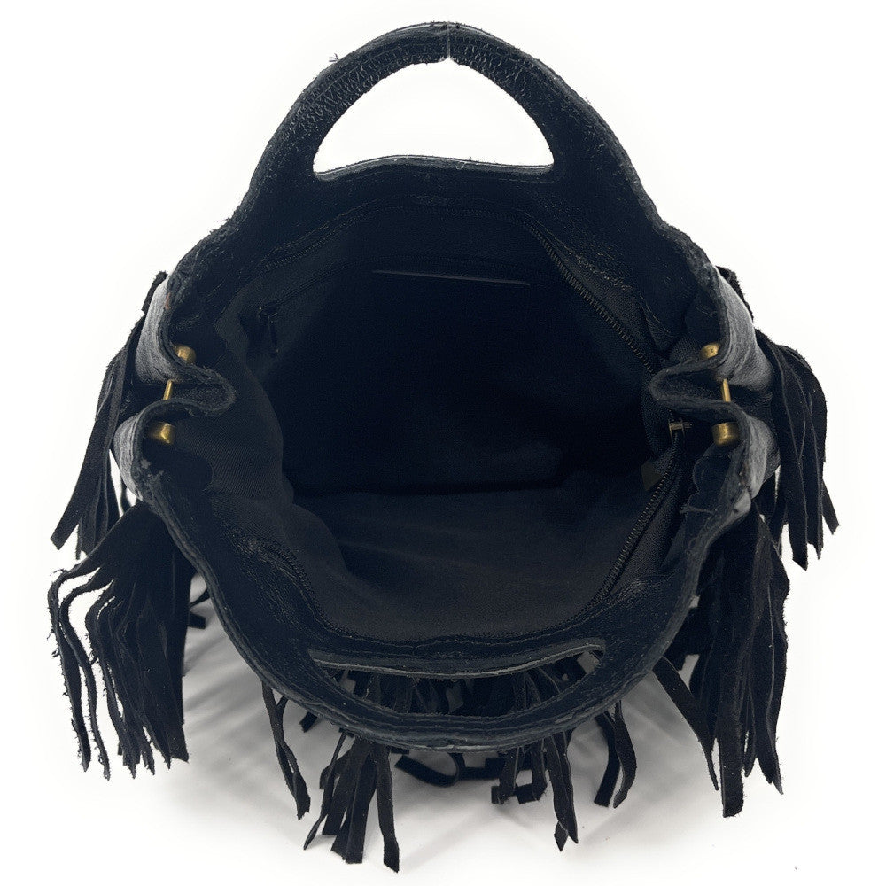 Sac à main bandoulière à franges en cuir irisé et croûte de cuir ENOLA Noir irisé